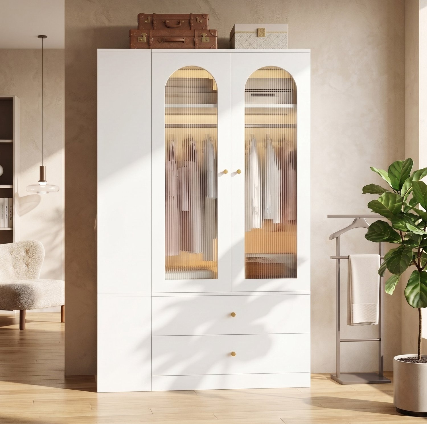 DESMIU Kledingkast - Geribbelde Glazen Deuren En Vier Lades - Voor Slaapkamer, Kinderkamer Of Kantoor - MDF, Glas En Staal - 120x50x200 Cm - Wit