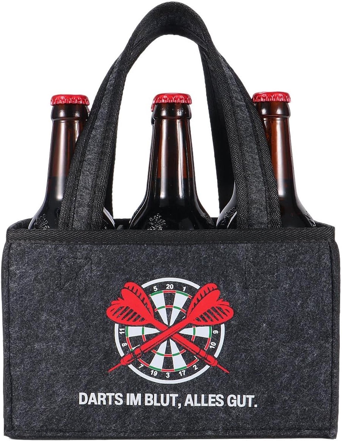 Mannenhandtas met spreuk "DARTS IM BLUT, ALLES GOET." - Coole flessentas voor 6 flessen bier, dart accessoires en unieke cadeau-ideeën voor dartfans