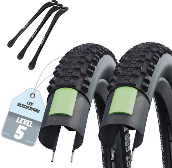 Twee zwarte Schwalbe Smart Sam mountainbikebanden met GreenGuard-laag en drie MSZweirad bandenlichters.