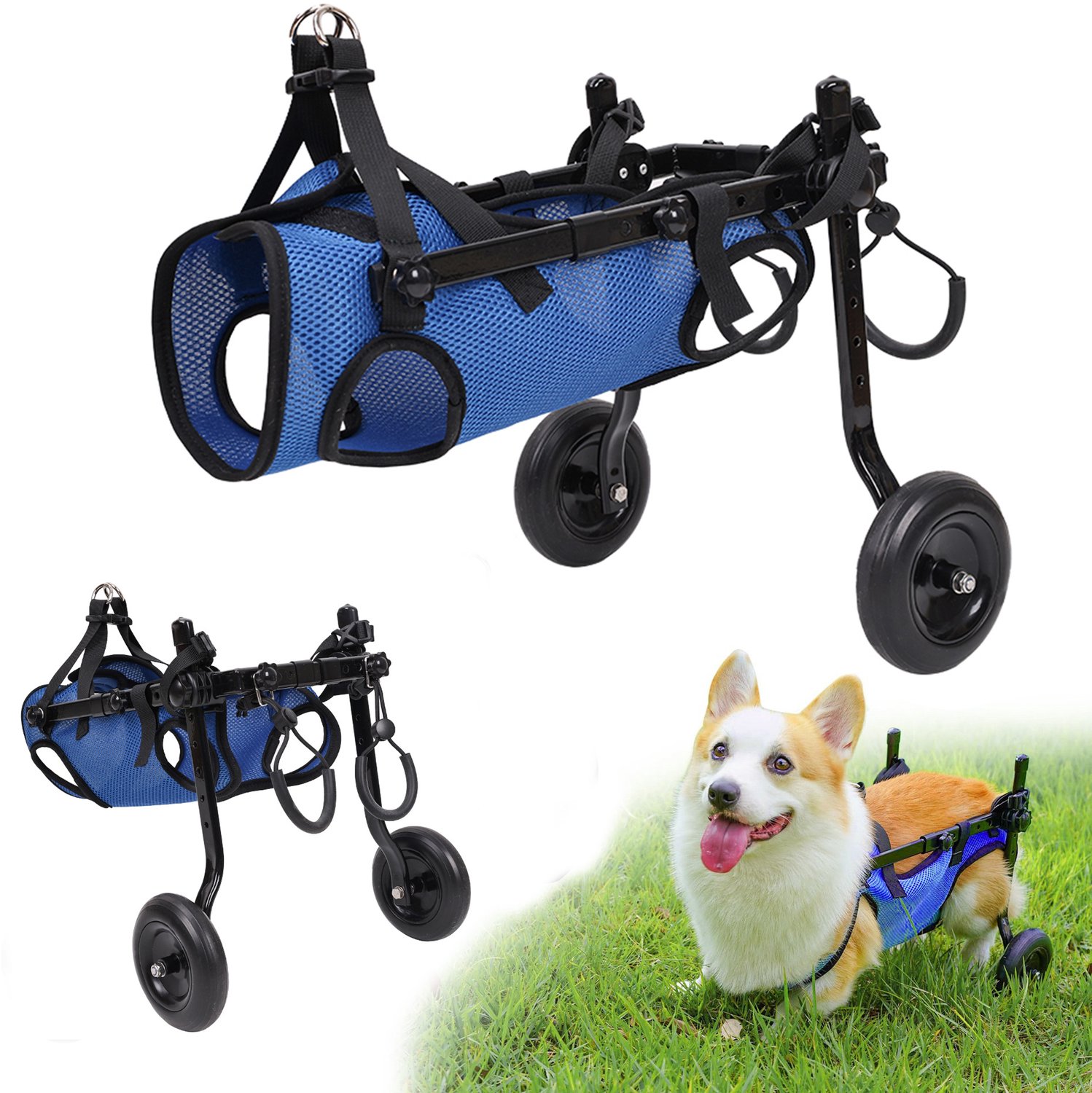 Hondenrolstoel - voor achterpoten - maat M verstelbare hondenwagen - voor 12-22 lbs en 5,5-10 kg - lichtgewicht frame van aluminiumlegering - ademend gaasstof, ondersteuning - voor gehandicapte - blauw en zwart
