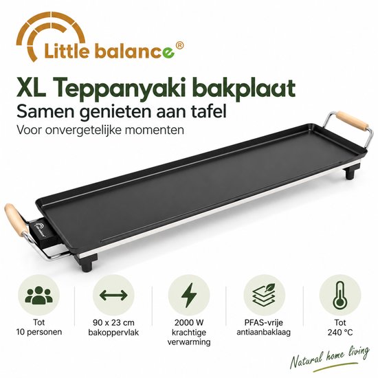 Little Balance 8742 - XL Teppanyaki Bakplaat/grillplaat - 2000 Watt - 90x23 cm - PFAS vrij - 10 personen — afbeelding 5