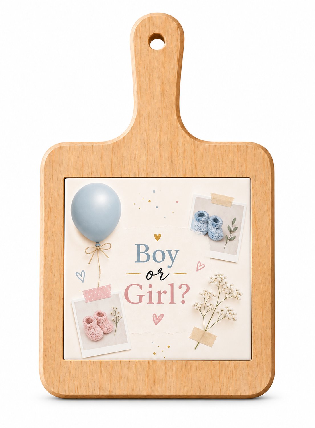 Houten Kaasplank met Bedrukte Tegel – Boy or Girl? – Gender Reveal & Babyshower – 18 x 31 cm – Serveerplank
