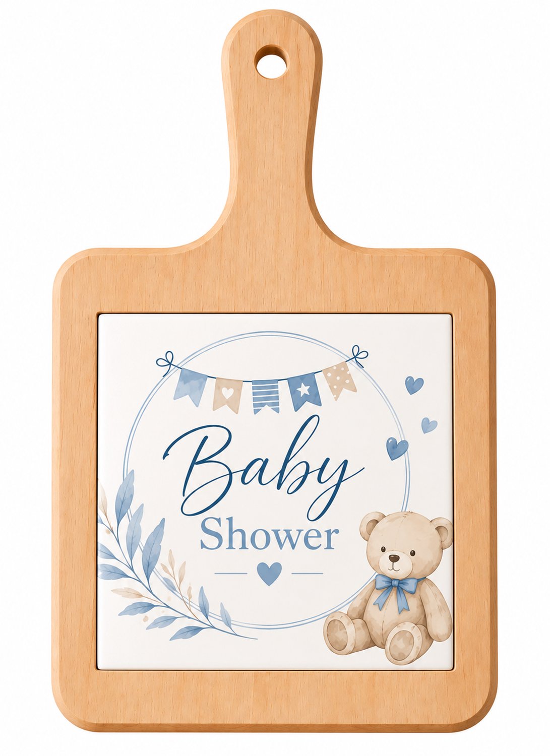 Houten Kaasplank met Tegel 15 x 15 cm – Baby Shower met Teddybeer