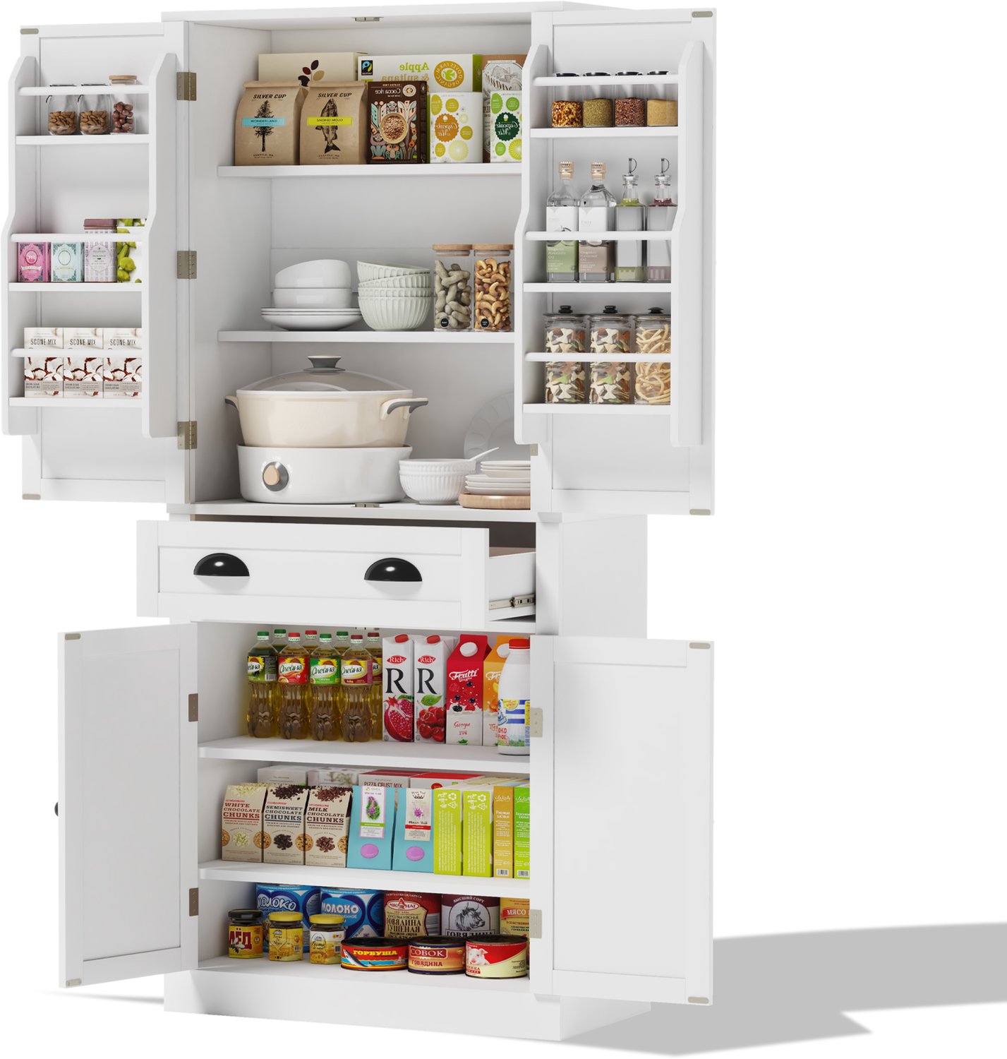 DESMIU Keukenkast - 4 Deuren En 1 Lade - Verstelbare Planken Met Antikantelbescherming - MDF - 80x40x182 Cm - Wit
