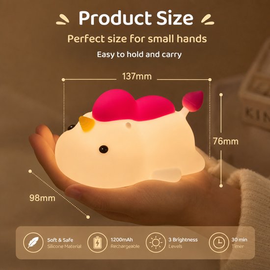 Eenhoorn Nachtlampje voor Kinderen - Siliconen LED Bedlampje, Oplaadbaar, Touch, 3 Dimbare Niveaus, 30 min Timer - Kinderkamer Cadeau — afbeelding 2