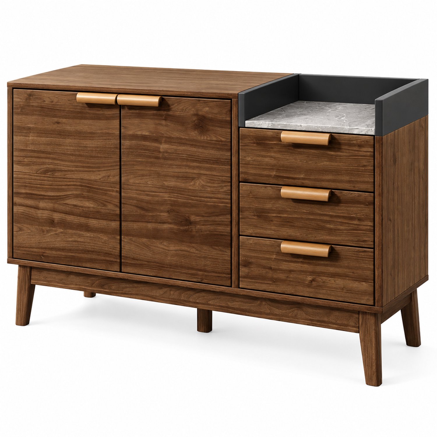 Luxevo Dressoir – Opbergkast Eiken met Marmerlook Blad – 120 cm – 3 Laden & 2 Deuren – Verstelbare Planken – Massief Houten Poten – Mid-Century Sideboard eiken hout