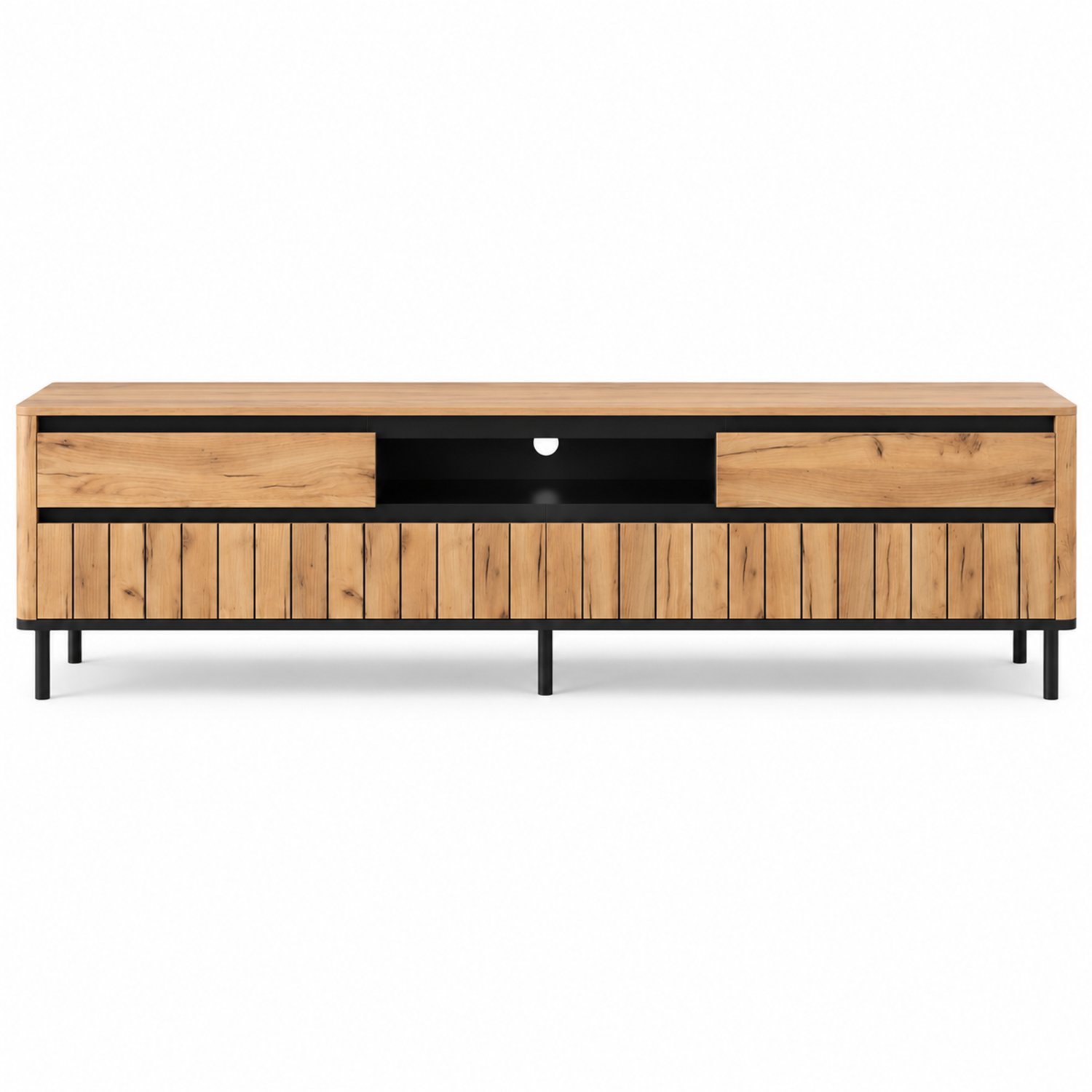Luxevo TV Meubel 180 cm – Met 2 Lades & 2 Klapdeuren – Hout & Zwart Metaal – Eiken Look