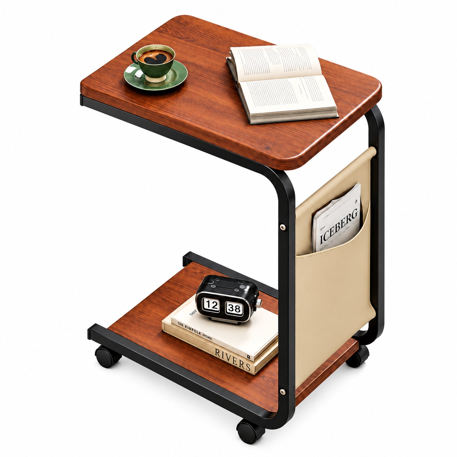 Molhaus Bijzettafel op Wieltjes – Bruin – Metalen Frame – Met Opbergtas – Voor Bank, Bed en Woonkamer - 40 x 28 x 63 cm