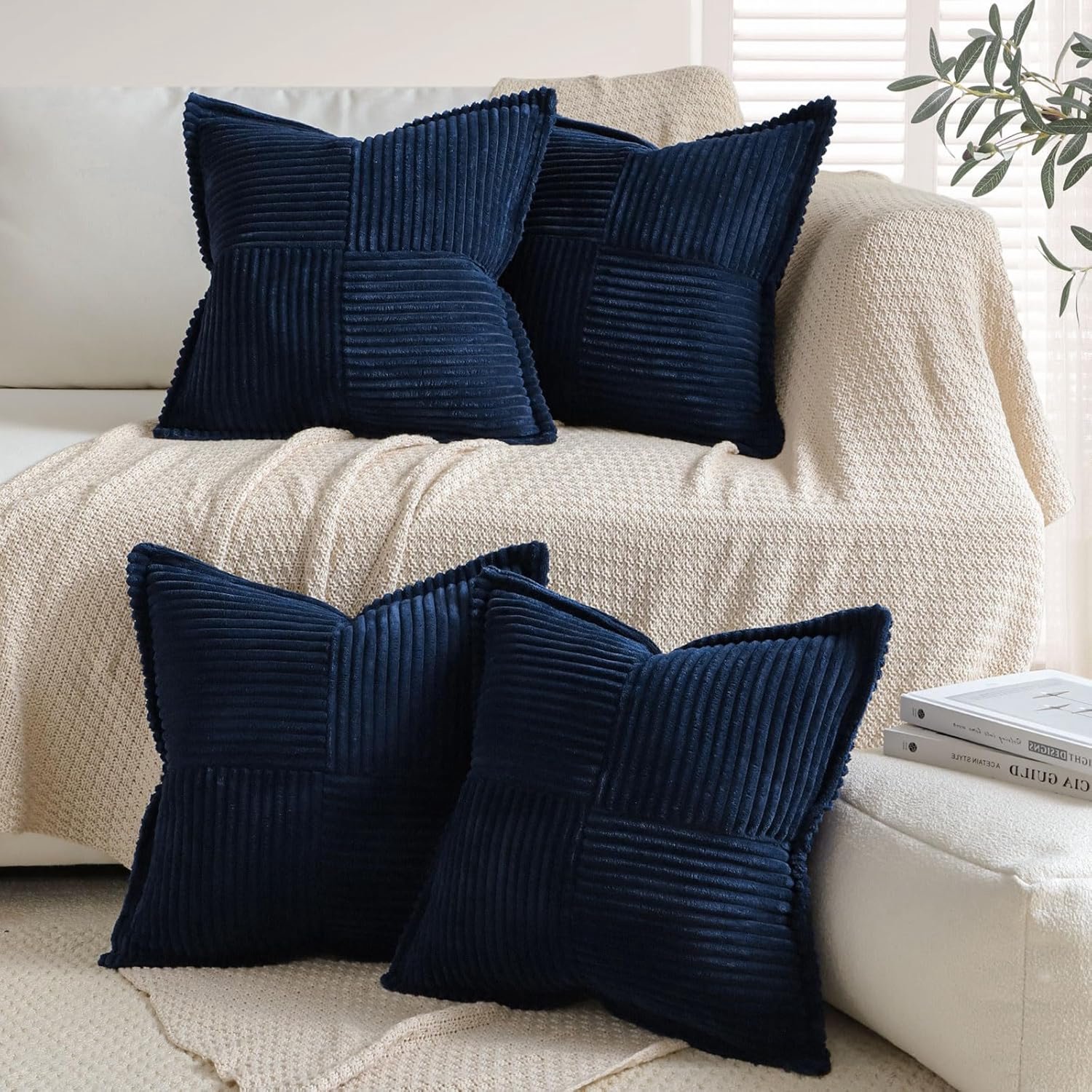 Famanu Kussenhoezen Corduroy 45x45 cm - Bescherming voor kussens - Set van 4 in bordeaux met gestreept boho patchwork rood