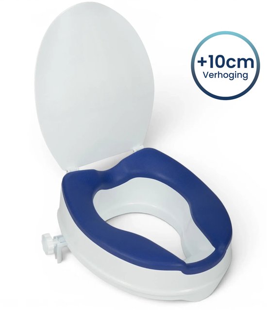 Witte toiletverhoger met blauw ergonomisch zitkussen en deksel. Bevat tekst '+10cm Verhoging'.