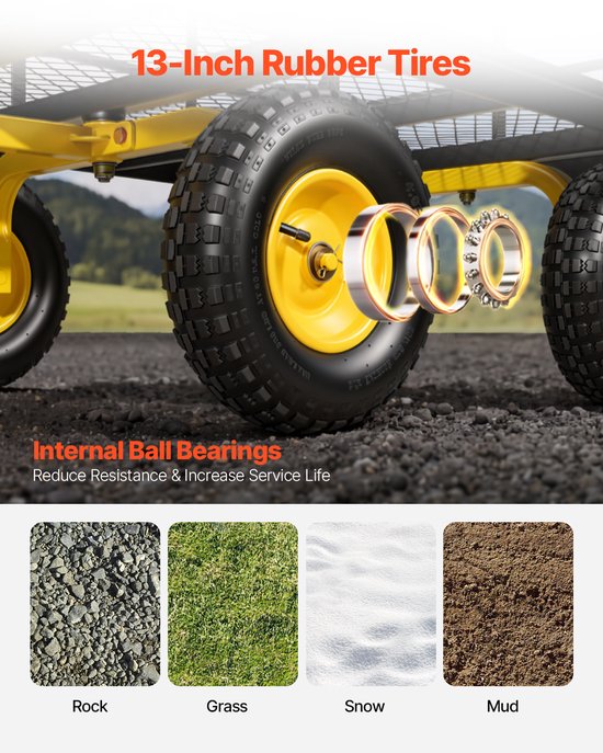 VEVOR-Wagen 116,8 X 76 X 77,5 cm, Transportwagen 635 Kg, Tuinwagen, Gereedschapswagen, 2-in-1 Handwagen, met All-Terrain Banden, Afneembare Zijpanelen van Gaas en 180° Draaibare Handgreep — afbeelding 4
