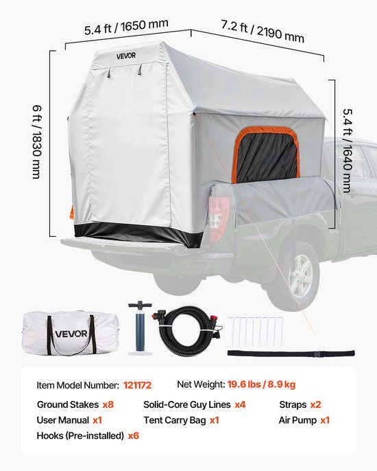 VEVOR Opblaasbare Campingtent voor De Laadbak van een Pick-Up 219 X 165 X 183 cm, Waterdichte Tent (PU2000 mm) met Geventileerde Gaasramen, Ideaal voor Kamperen, Wandelen en Andere Buitenactiviteiten, Inclusief Luchtpomp — afbeelding 3