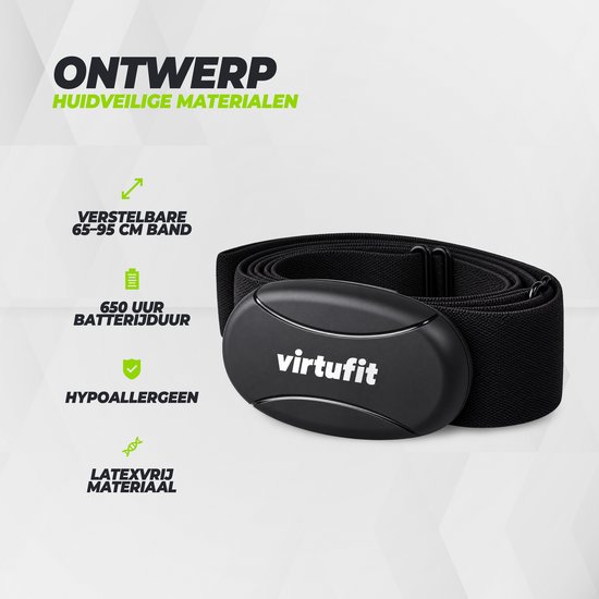 Zwarte VirtuFit hartslagmeter borstband met 65-95 cm verstelbare, hypoallergene en latexvrije band.