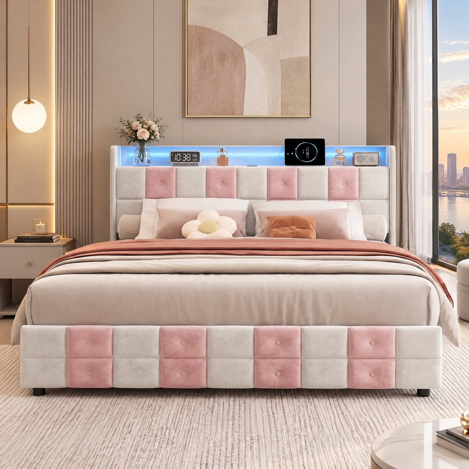 MEXUS Opbergbed 140x190 cm met 4 opberglades en lattenbodem, gestoffeerd Tweepersoonsbed met led- en usb-poorten, Bedframe voor volwassenen en tieners（Fluwelen Wit en Roze）