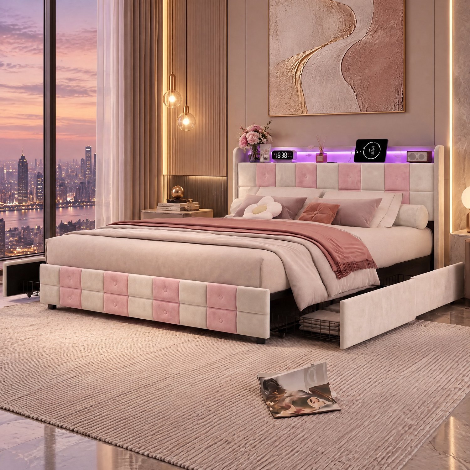MEXUS Tweepersoonsbed 140x200 cm met 4 opberglades en lattenbodem, gestoffeerd Opbergbed met led- en usb-poorten, Bedframe voor volwassenen en tieners（Fluwelen Wit en Roze）