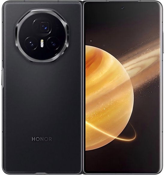 Zwarte Honor smartphone getoond van voor- en achterkant, met een Saturnus-achtergrond op het scherm.