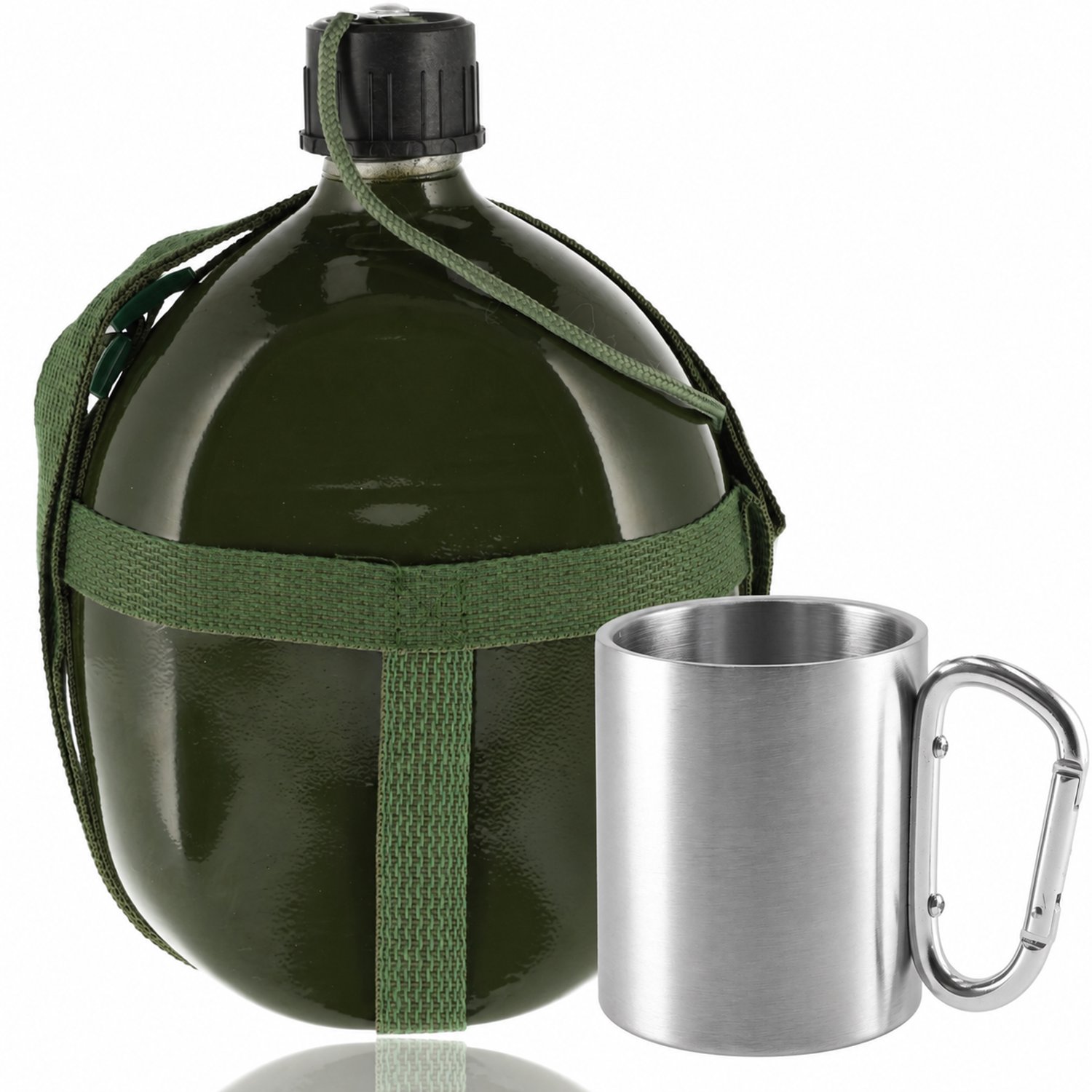 Waterfles 1,4 Liter + RVS Thermobeker 220 ml met Karabijnhaak - Drinkfles & Veldfles met Schouderriem - Legergroen - Camping - Outdoor - Survival
