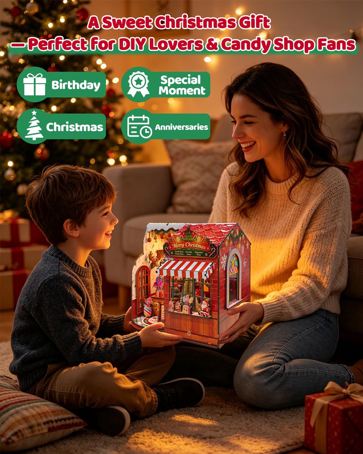 Namajunas - DIY Miniatuur Kerst Snoepwinkel - Houten Bouwpakket met LED Touchlamp - 3D Houten Puzzel, Kerstdecoratie, Cadeau voor Volwassenen en Jongeren - Hobby - Tafel en Boekenplank Decor - Modelbouw - Miniatuur - Knutselen – foto 6
