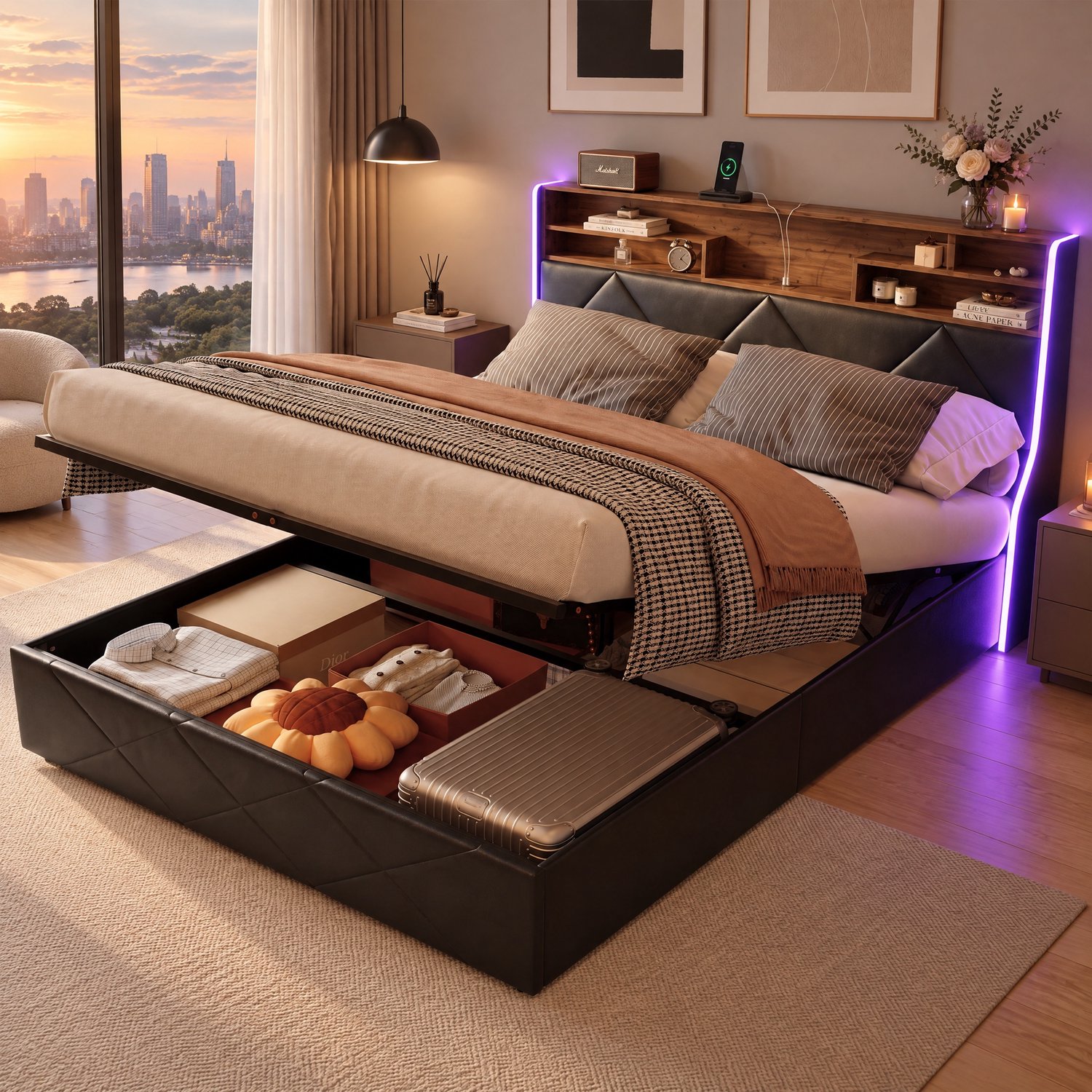 MEXUS Opbergbed 140x200 cm met ledverlichting en USB-poort, gestoffeerd Tweepersoonsbed met hoofdbord, bedframe 140x200 met opbergruimte en lattenbodem, PU-materiaal, Zwart