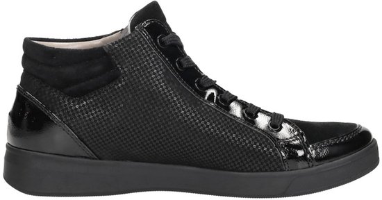 Zijkant van een zwarte hoge veterschoen met lakleren details, rits en stoffen inzet.