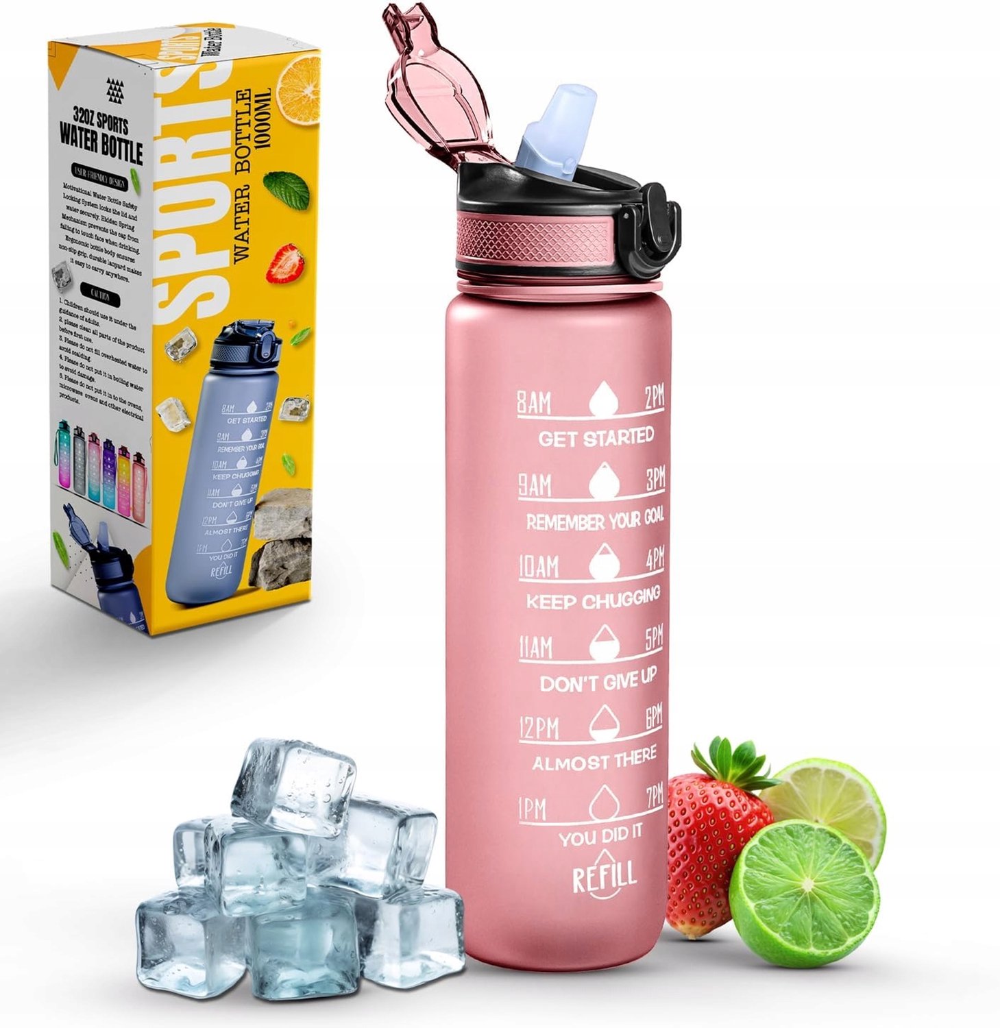 Waterfles met rietje en tijdsmarkeringen - 1L