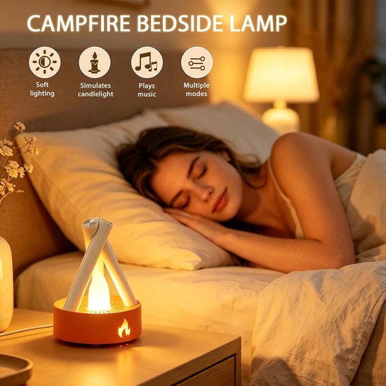 Nachtlampje oplaadbaar - Kleine Kampvuur Nachtlamp - Oplaadbare Sfeerlamp met Vlammensimulatie en 5 Witte Ruis Geluiden - Draagbare Slaaphulp en Bedlampje - Voor Slaapkamer en Camping - Wit van Bobypet — afbeelding 4