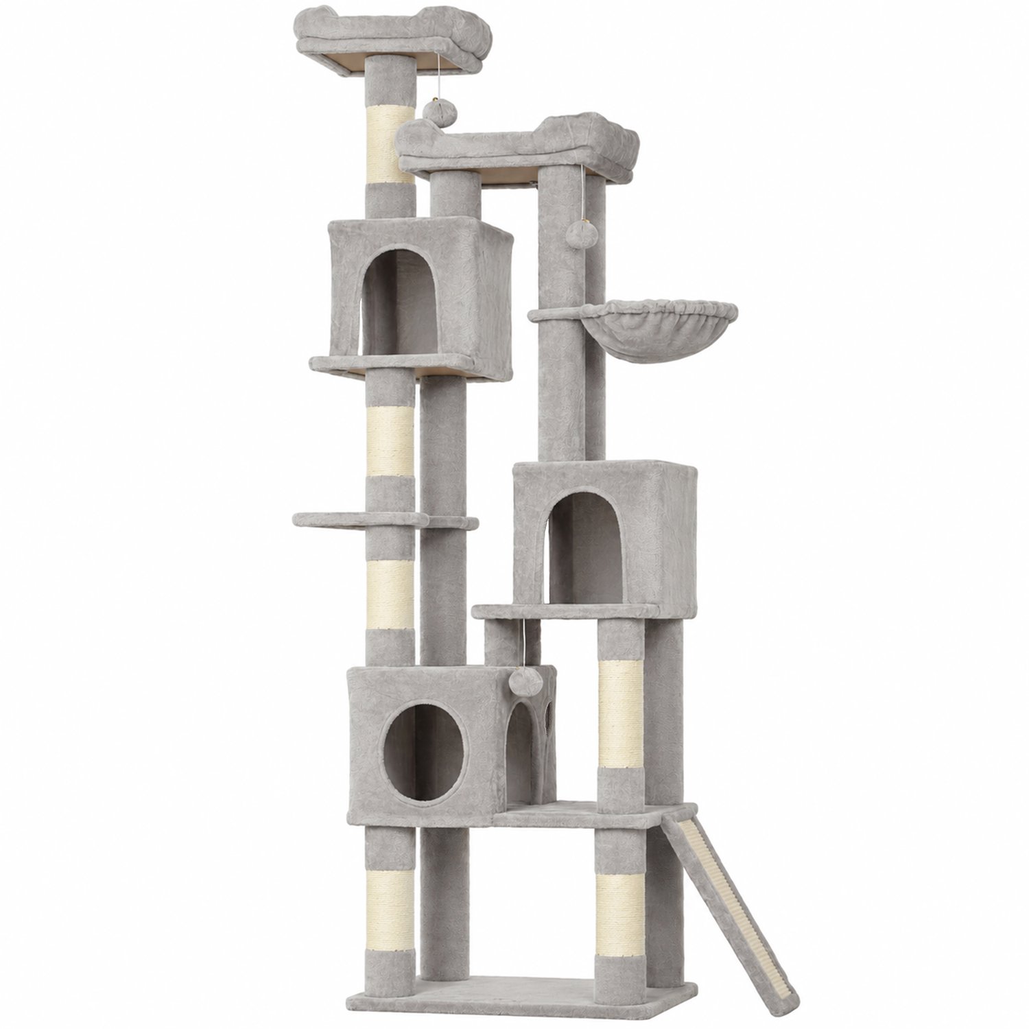 Pawona Krabpaal - 200 cm hoog - Met 3 kattenhuisjes, 2 manden en hangmat - Voor 1-3 katten - 60 x 40 x 200 cm - Lichtgrijs