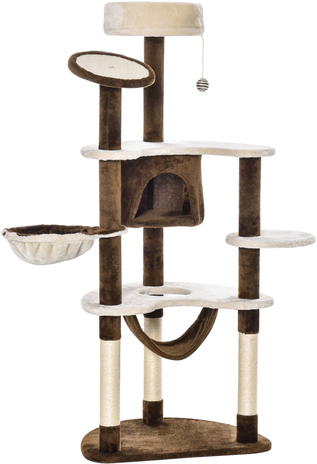 Pawona Krabpaal met kattenhuis - Met 2 hangmatten en speelbal - 65 x 50 x 153 cm - Crème-koffiebruin