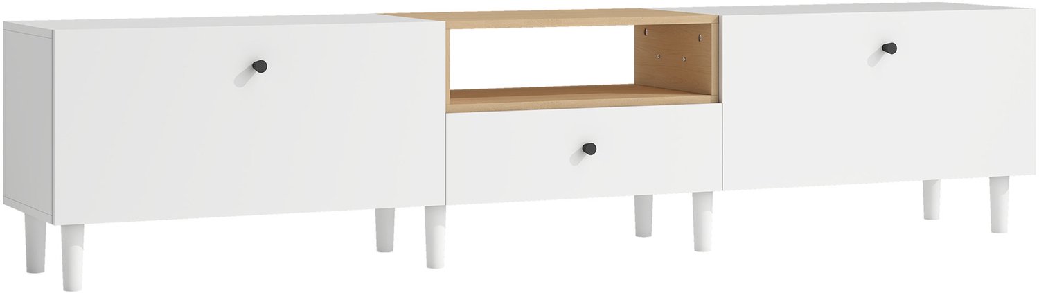 Homona TV-meubel 200 cm - Met 2 klapdeuren, lade en open vak - Soft-close scharnieren - Voor tv's tot 90 inch - 200 x 35 x 45 cm - Wit/Natuur