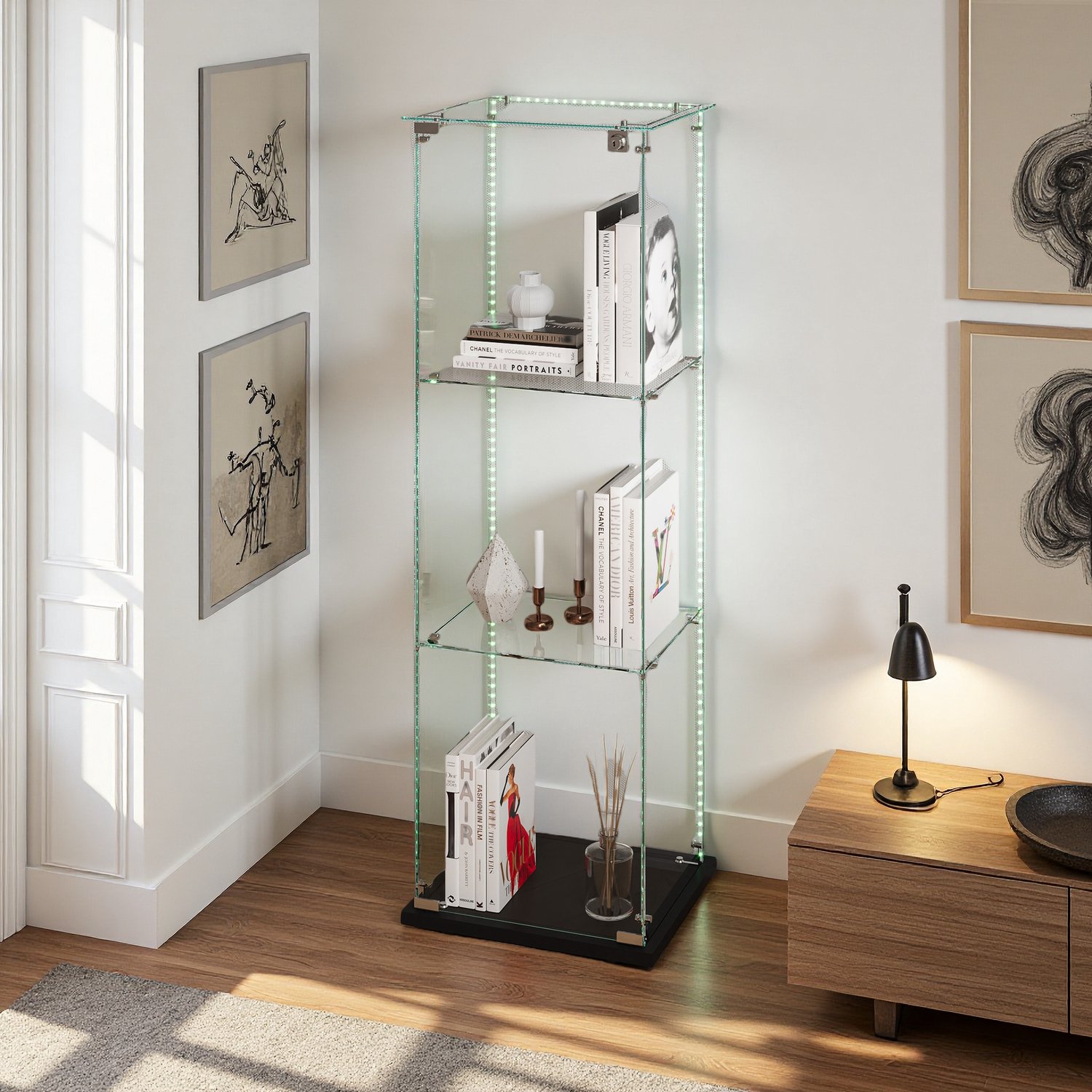 Glazen vitrinekast met 3 legplanken en 1 deur, Display kast Multifunctioneel met LED verlichting, Moderne vitrine voor Woonkamer, Slaapkamer, Kantoor, Zwart
