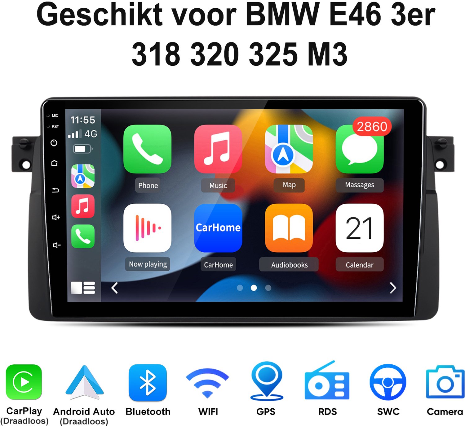 Junsun Android 15 Autoradio Geschikt voor BMW E46 3er 318 320 325 M3 - Draadloos CarPlay & Android Auto - GPS Navigatiesysteem - Bluetooth - 9 Inch IPS Touchscreen - Stuurwielbediening - WiFi - RDS - USB