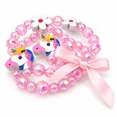 Set van 3 kinderarmbandjes voor meisjes met roze transparante facetkralen en unicorns met strikje