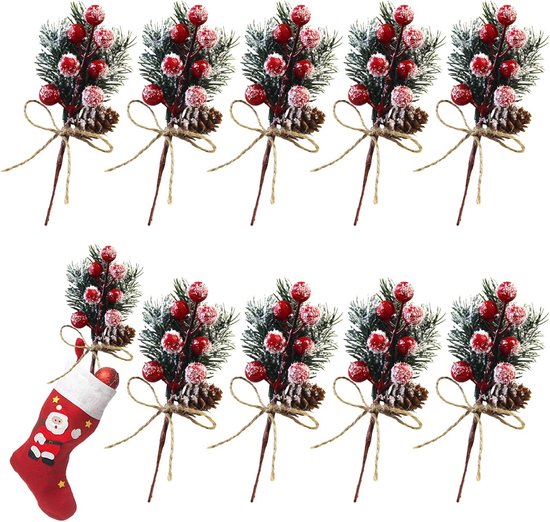 Set van 10 kunstmatige kersttakjes met rode bessen, besneeuwde dennentakken, dennenappels en een jute strikje.