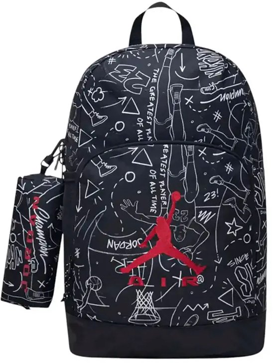 Zwarte Jordan rugzak met witte basketbal-graffiti, rode Jumpman-logo en bijpassend etui.