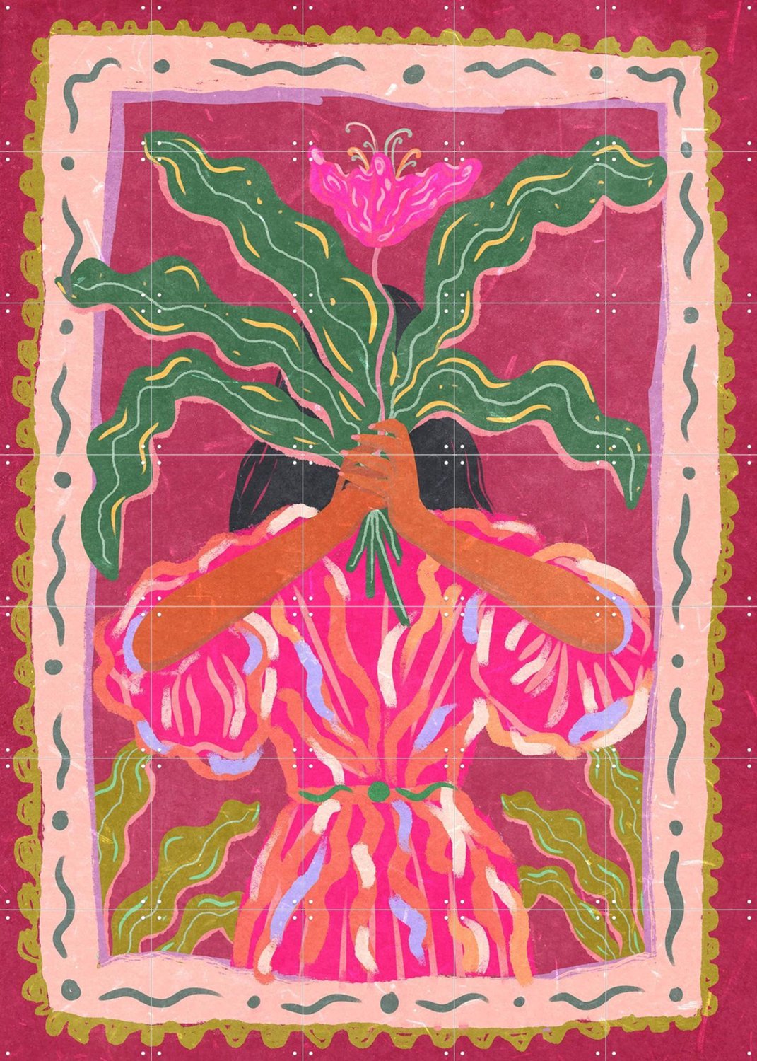 IXXI Portrait Of A Flower, Raissa Oltmanns - 100 x 140 cm - Grote wanddecoratie en posters - Speels, Kleurrijk, Illustraties, Ornamenteel Ontwerp Roze / Groen