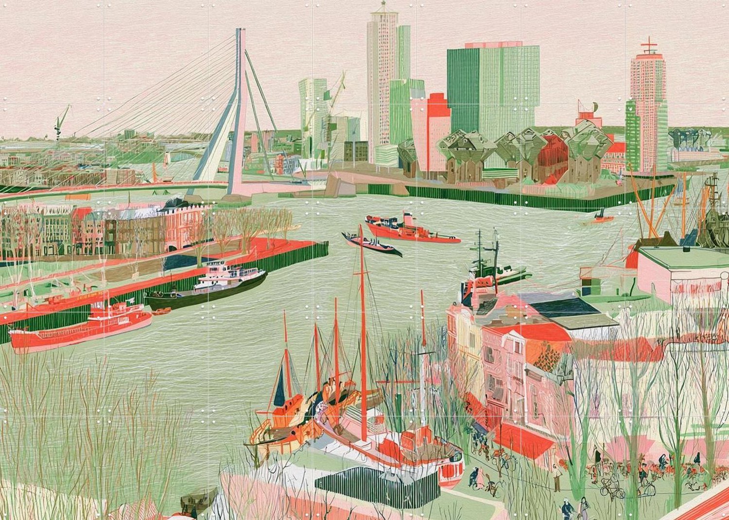 IXXI Landscape Rotterdam, Artclaud - 140 x 100 cm - Grote wanddecoratie en posters - Illustraties, Digitale Kunst, Modern, Studeerkamer, Gang, Trap Rood / Groen