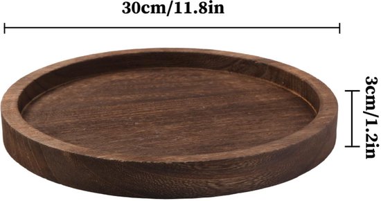 Rond, donkerhouten dienblad met 30 cm diameter en 3 cm rand.