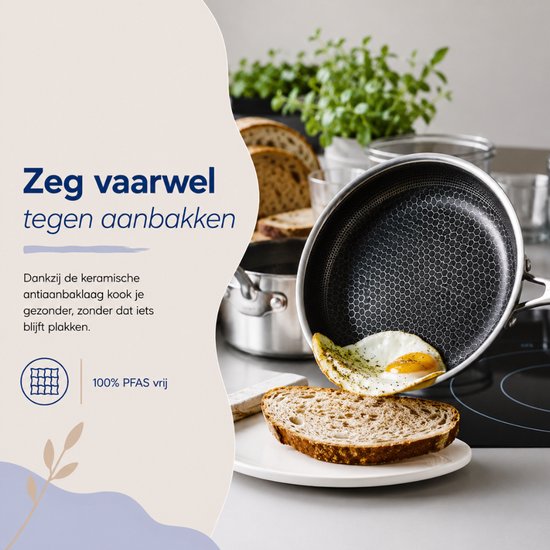 Zwarte koekenpan met honingraatpatroon, met een gebakken ei en een sneetje brood.
