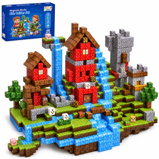 Magnetische blokken bouwpakket met rode huizen, een kasteel, bomen, watervallen en boerderijdieren zoals een varken en schapen.