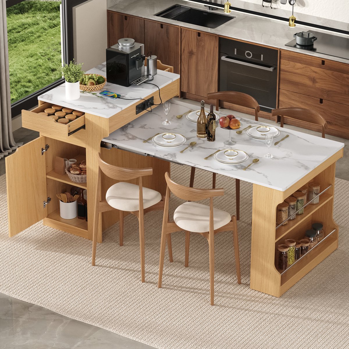 Clruro Keukeneiland - 153x80x93 cm - Verrijdbaar - Uitschuiftafel en 2 Laden - MDF - Naturel
