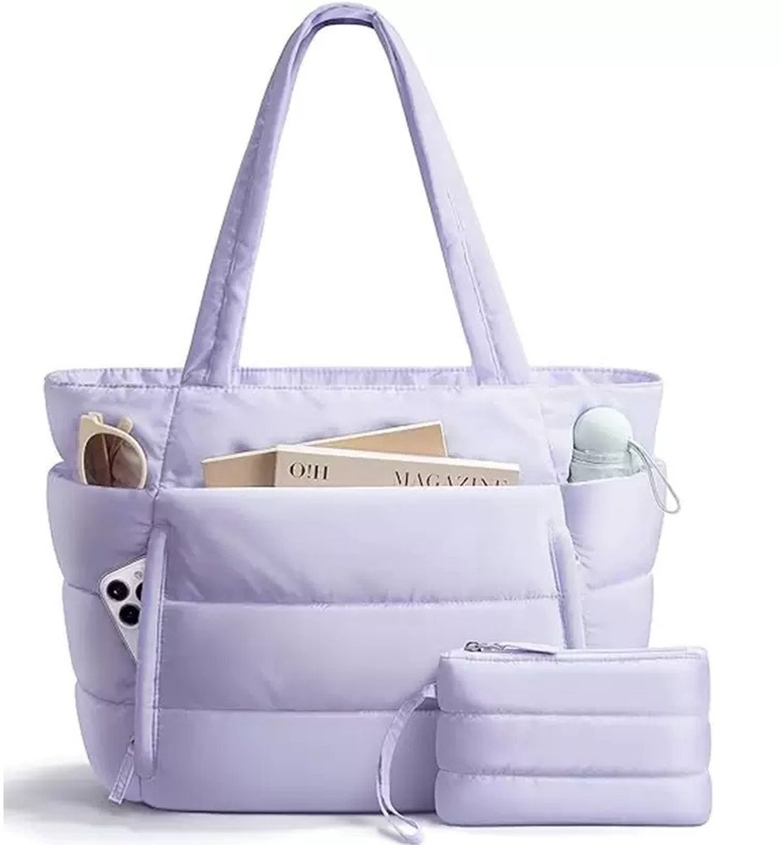 Gewatteerde tote tas voor vrouwen - grote capaciteit werk tas, pluizige wolken schoudertas, sport‑en fitness handtas, past voor 15,13 inch laptop met binnenvakken-Paars