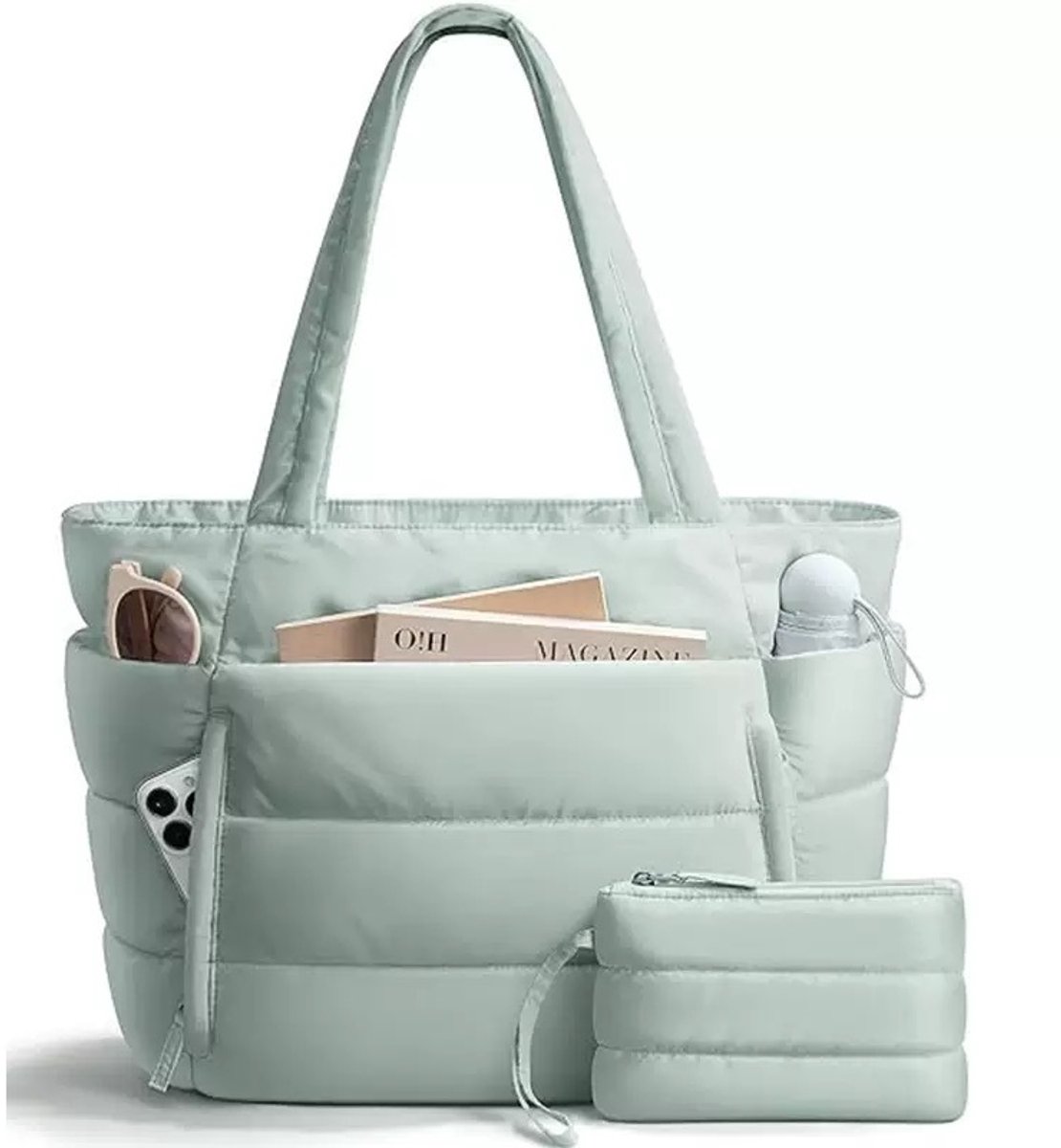 Gewatteerde tote tas voor vrouwen - grote capaciteit werk tas, pluizige wolken schoudertas, sport‑en fitness handtas, past voor 15,12 inch laptop met binnenvakken-Muntgroen