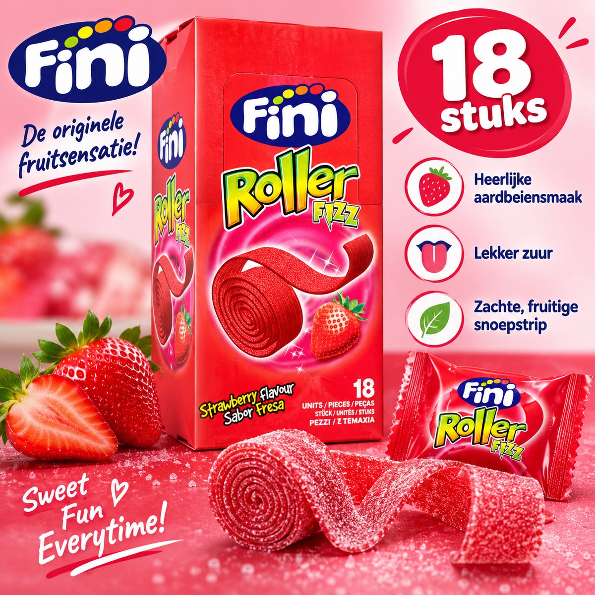 Fini Roller Fizz Aardbei – Zure Snoepmat met Aardbeiensmaak – Individueel Verpakt – 18 Stuks