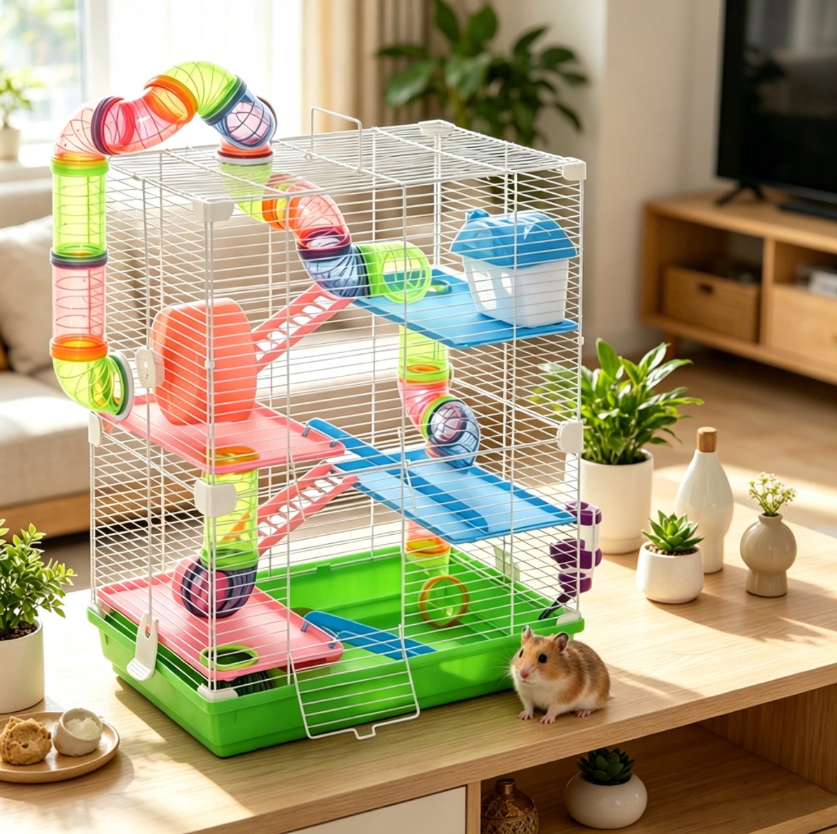 Hamsterkooi – Vier Etages – 46 x 30 x 58 cm – Metaal en Polypropyleen – Groen – Met Tunnels en Looprad, Drinkfles