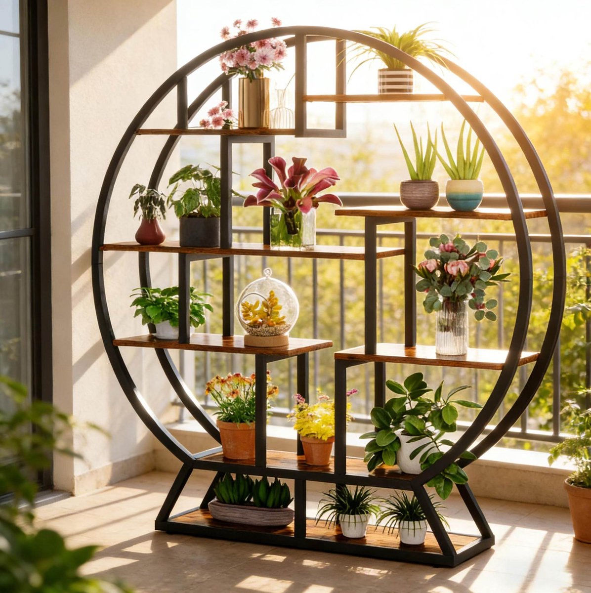 Rond Plantenrek – 150 x 30 x 158 cm – 8 Lagen – Metaal en Hout – Zwart en Rustiekbruin – Presentatierek