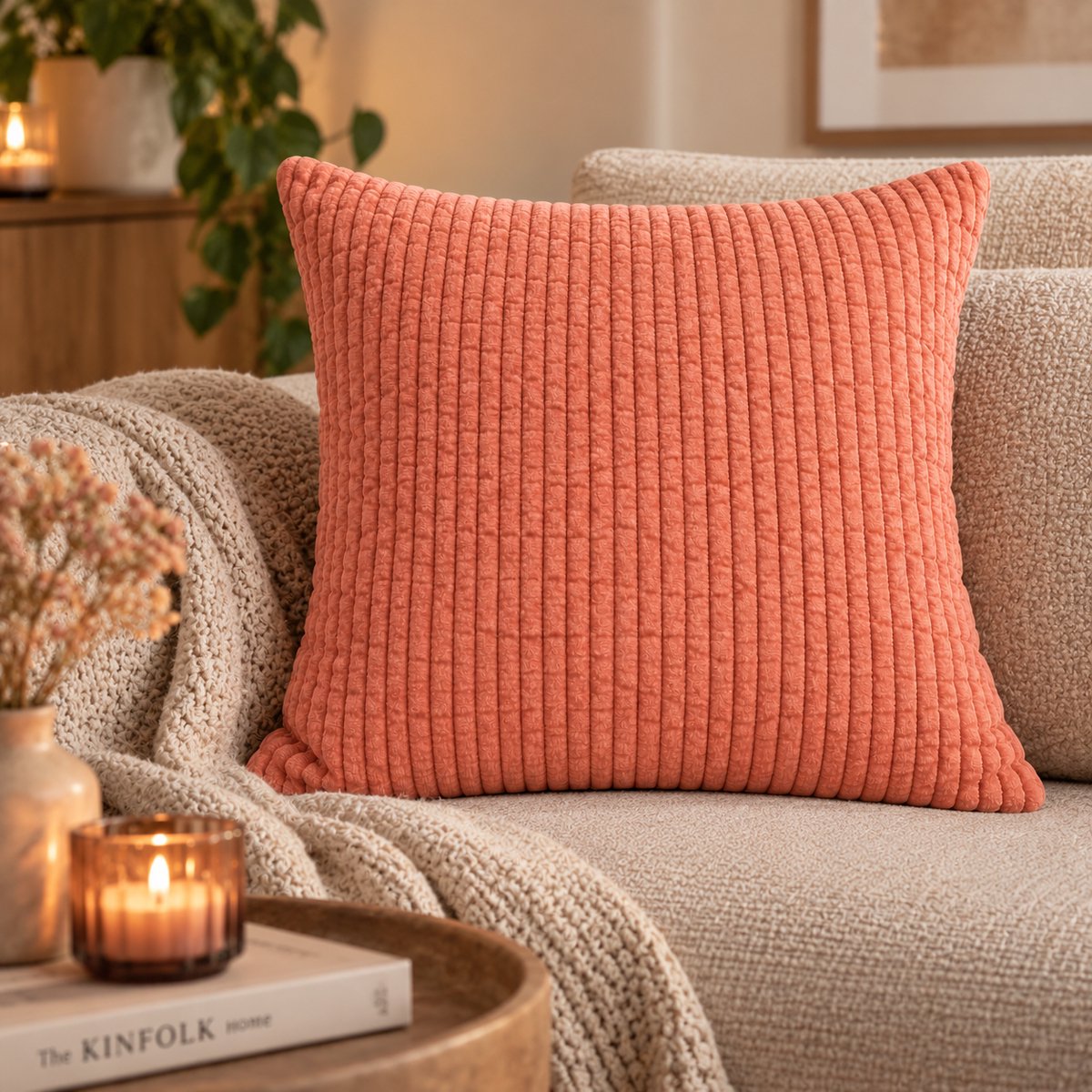 Unique Living - sierkussenhoes - 4 stuks - kussenhoesje - kussenhoes - licht oranje - licht gewatteerd - 45 x 45 cm - met rits