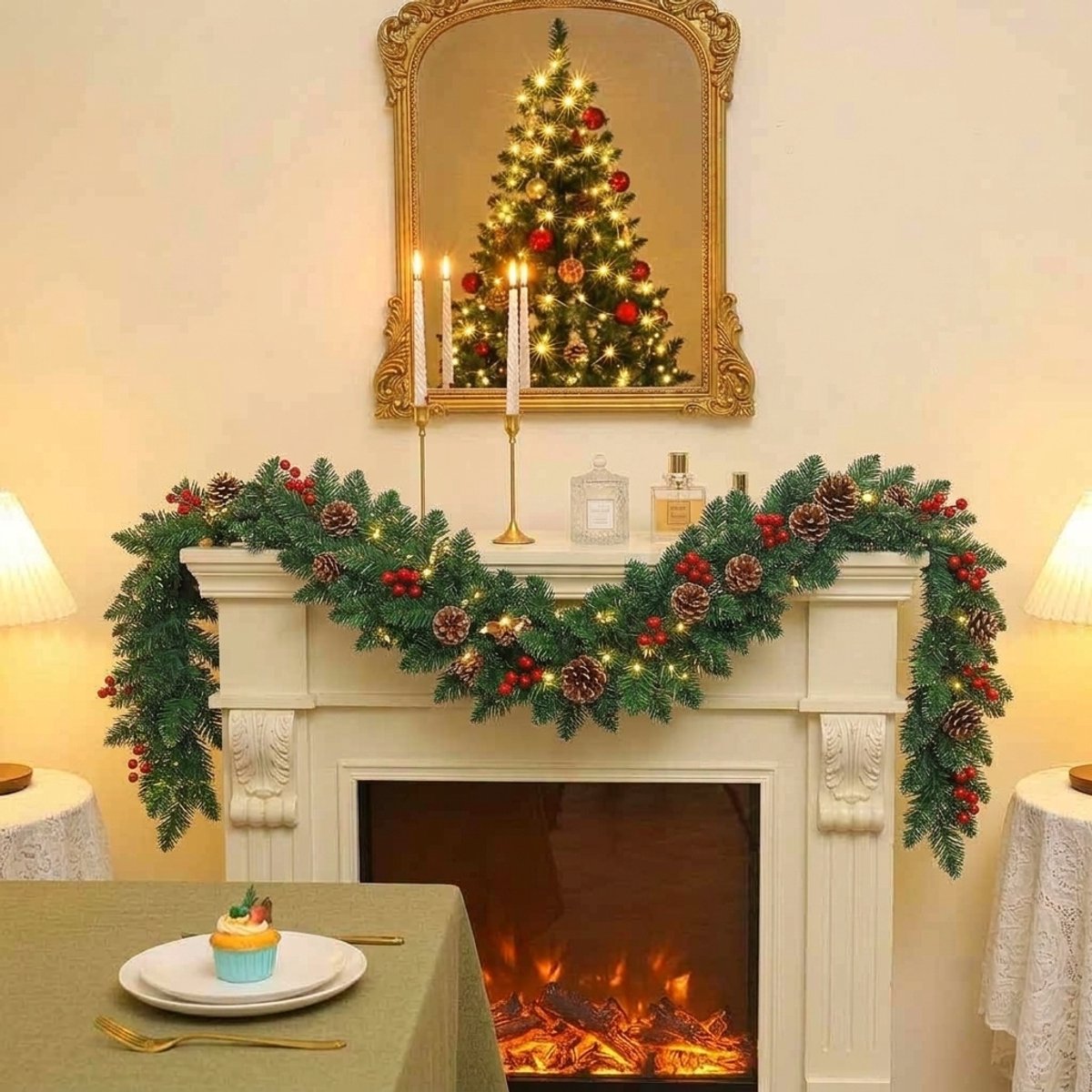 Meedeer Guirlande Met verlichting-Kerstversiering-Kerstslinger-2.70 meter-PVC-Met rode bessen en dennenappels-binnen en buiten-Voor open haard-Trap-Nieuwjaar-Kerstdecoratie