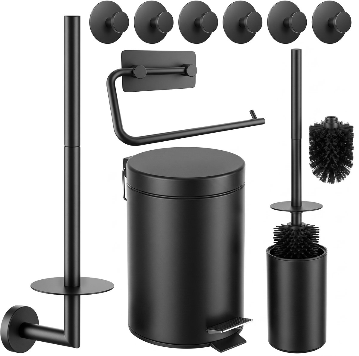 Toiletset Zwart 5-Delig - Toiletrolhouder met Verstelbare Arm & Hangende Reserverolhouder voor 3 Rollen - Toiletborstelhouder, Pedaalemmer en Handdoekhaakjes - Toiletaccessoireset