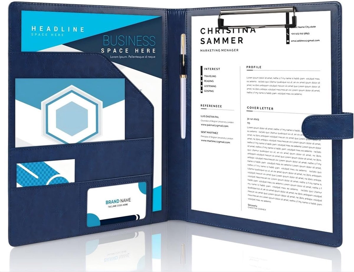 A4 Clipboard met Deksel, PU Leren Map, Schrijfcase met Documentcompartimenten en Pennenhouder, Perfect voor Organisatie en Notities in Donkerblauw