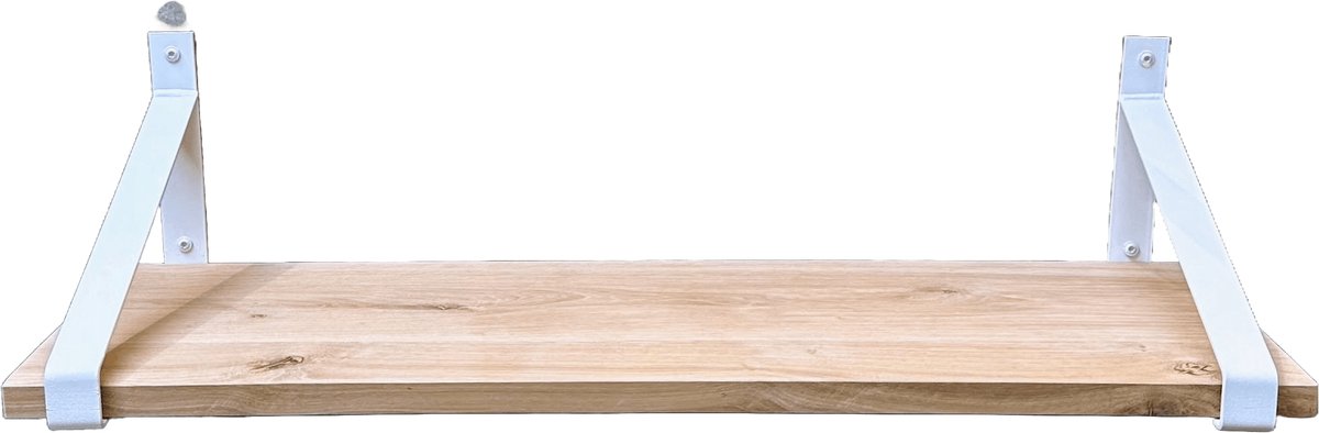 GoudmetHout Lichte Eiken Wandplank - 240x35 cm - 2 Industriële XL Plankdragers Mat Wit Licht eiken